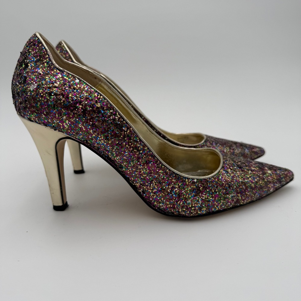 J. Renee Maressa Multi Color Glitter Pointed Toe Metallic Gold Heel Pumps 8M